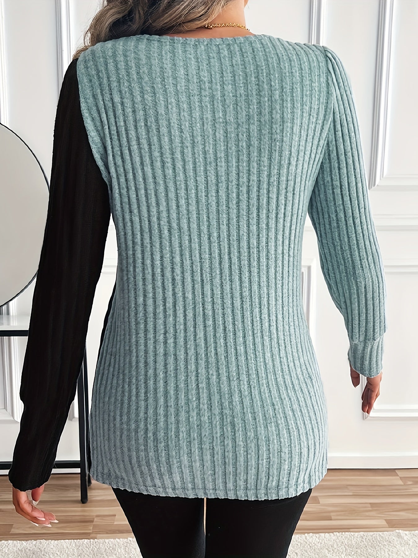 Women'S Casual Square Neck Long Sleeve Top, Asymmetrical Solid Color Knit Polyester Blouse with Spandex, Fashionable Spring/Fall Outerwear, 230gsm Fabric Weight