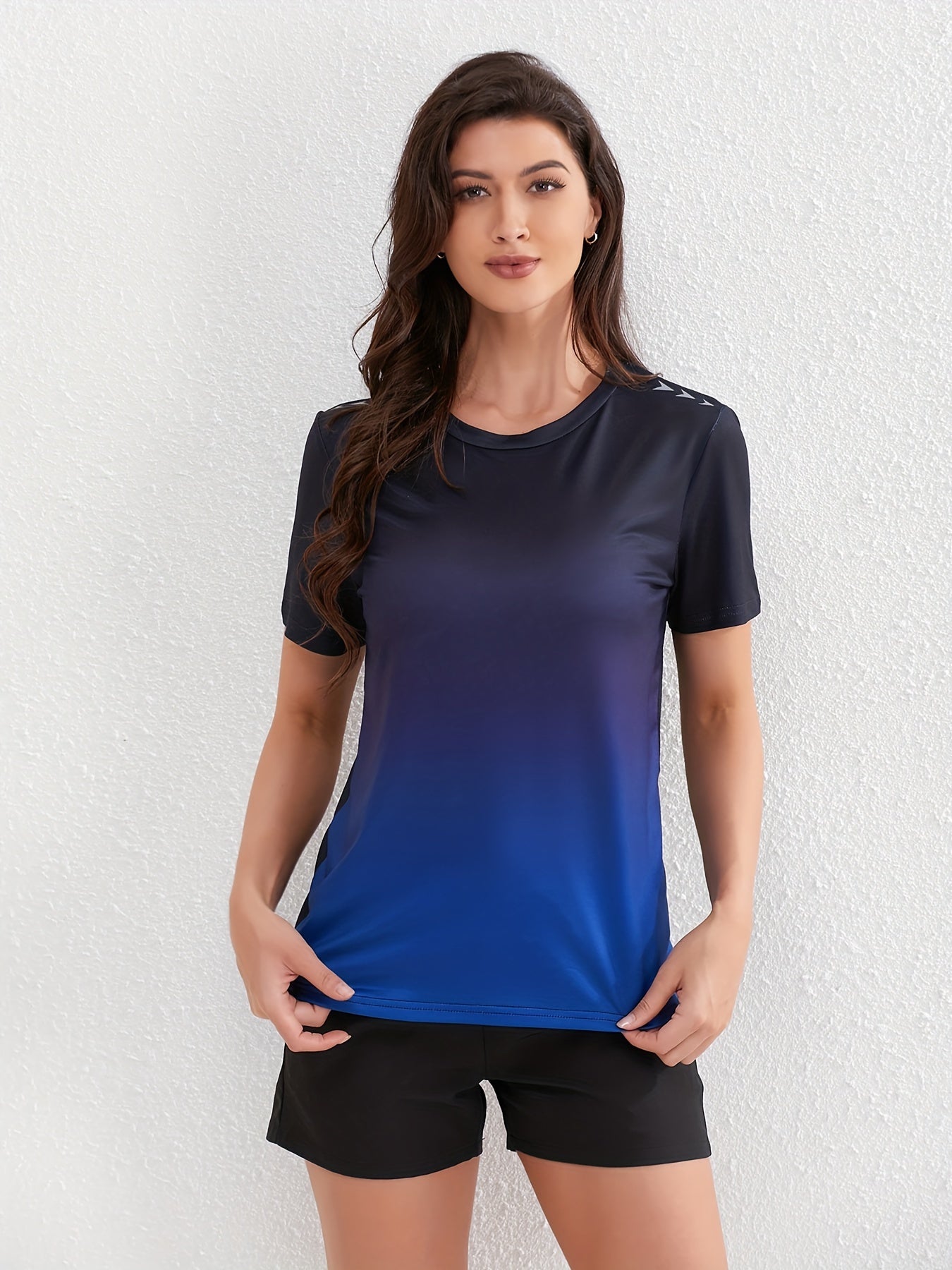 Women's Ombre Sports Tee, Gradient Shades, Casual Athletic T-Shirt, Short-Sleeve, Quick Dry, Breathable Fabric, Gym Wear, Running Top