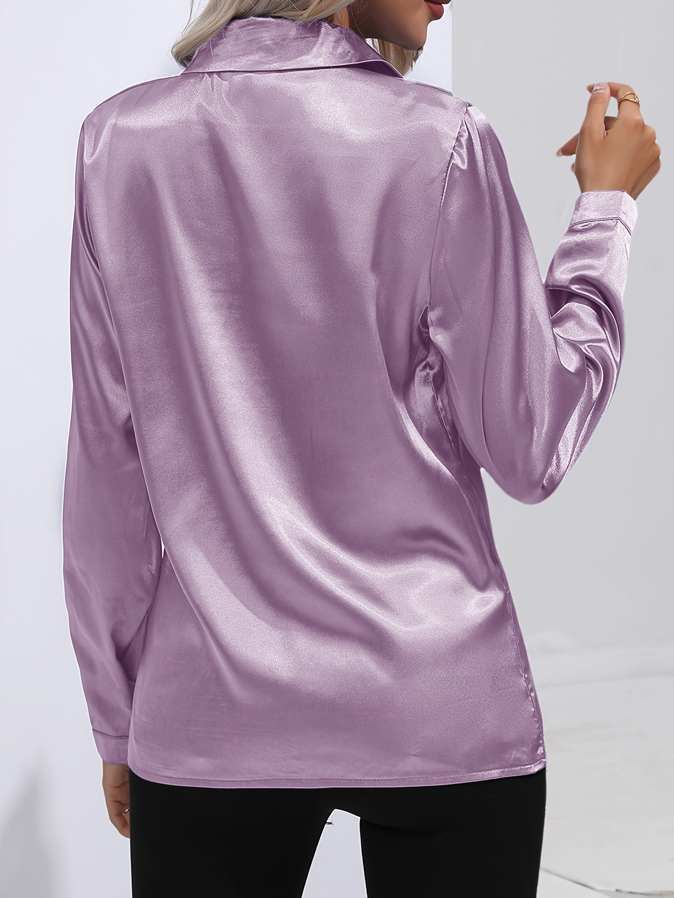 Solid Color Button Up Shirt, Elegant Long Sleeve Collared Blouse For Spring & Fall, Women's Clothing
