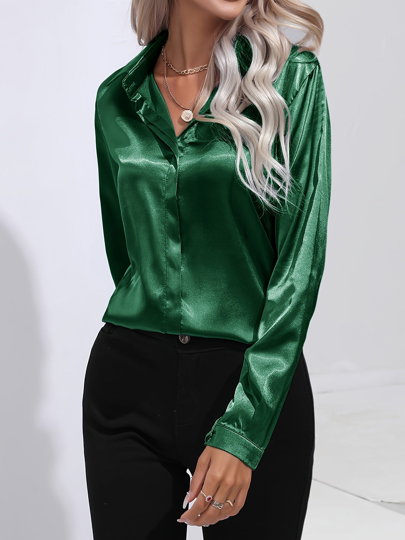 Solid Color Button Up Shirt, Elegant Long Sleeve Collared Blouse For Spring & Fall, Women's Clothing