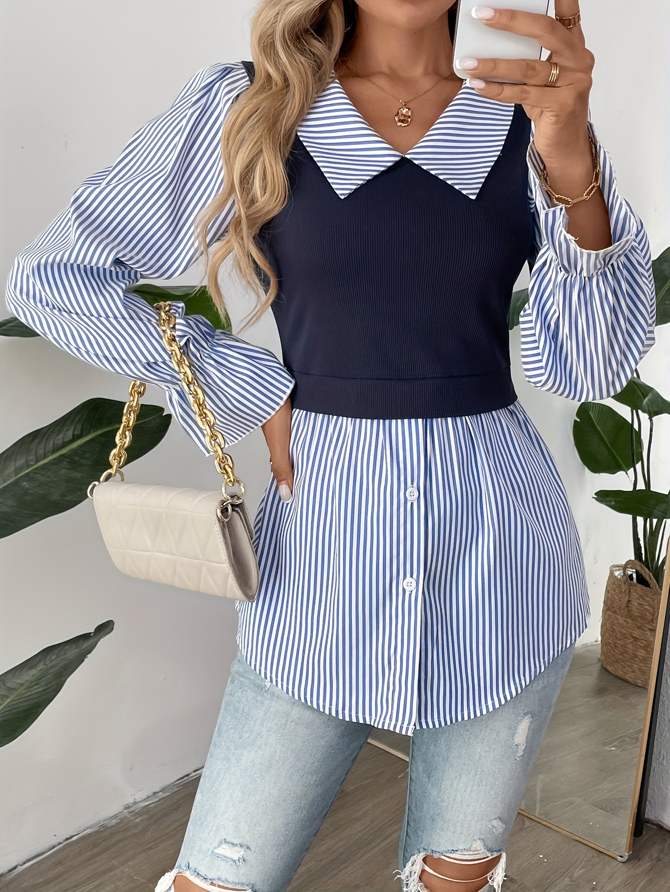Striped Print Color Block Blouse, Elegant Long Sleeve Button Front Blouse For Spring & Fall, Women's Clothing