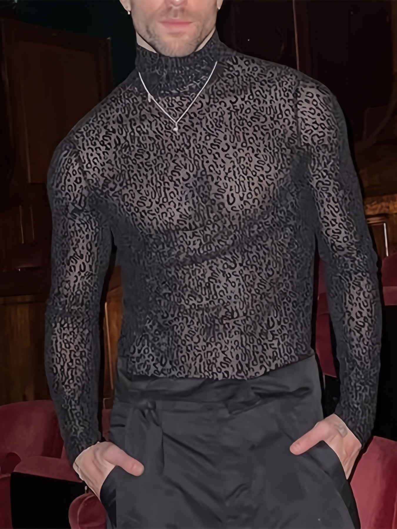 Mens O-neck Mesh Shirt Leopard Pattern See Through Blouse Party Sexy Shirt Pullover