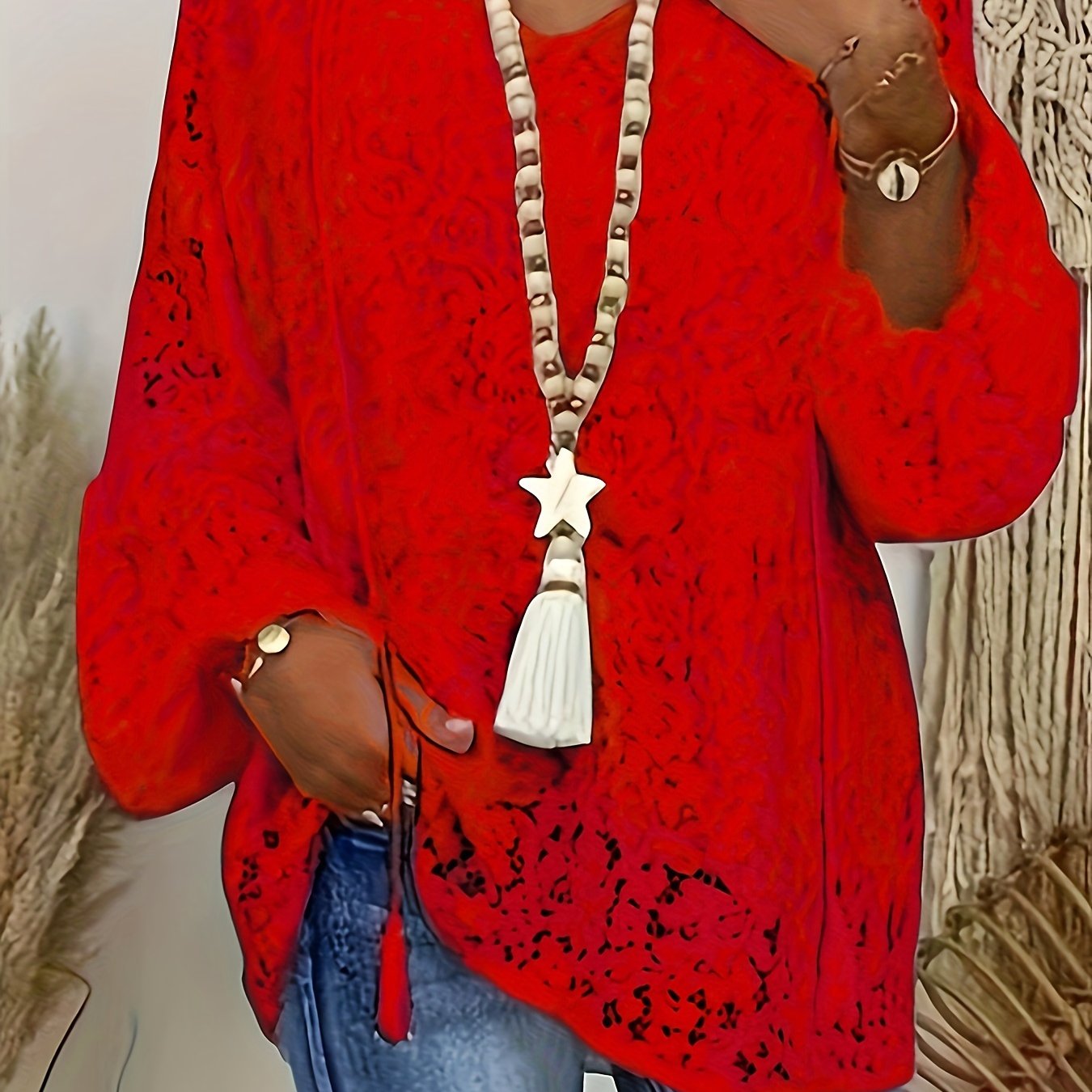 Plus Size Boho Blouse, Women's Plus Solid Lace Lantern Sleeve Tassel Trim V Neck Tunic Shirt Top