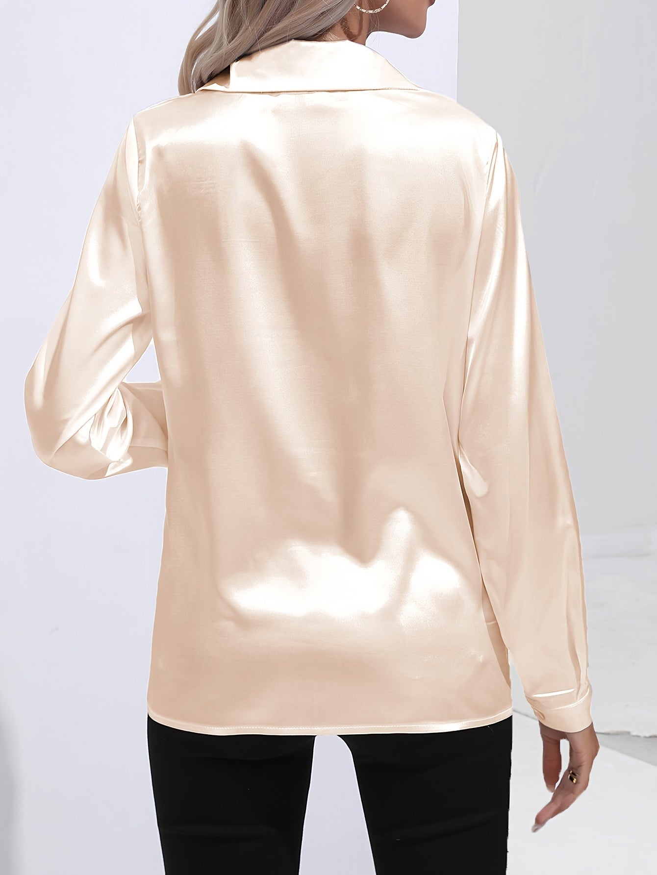 Solid Color Button Up Shirt, Elegant Long Sleeve Collared Blouse For Spring & Fall, Women's Clothing