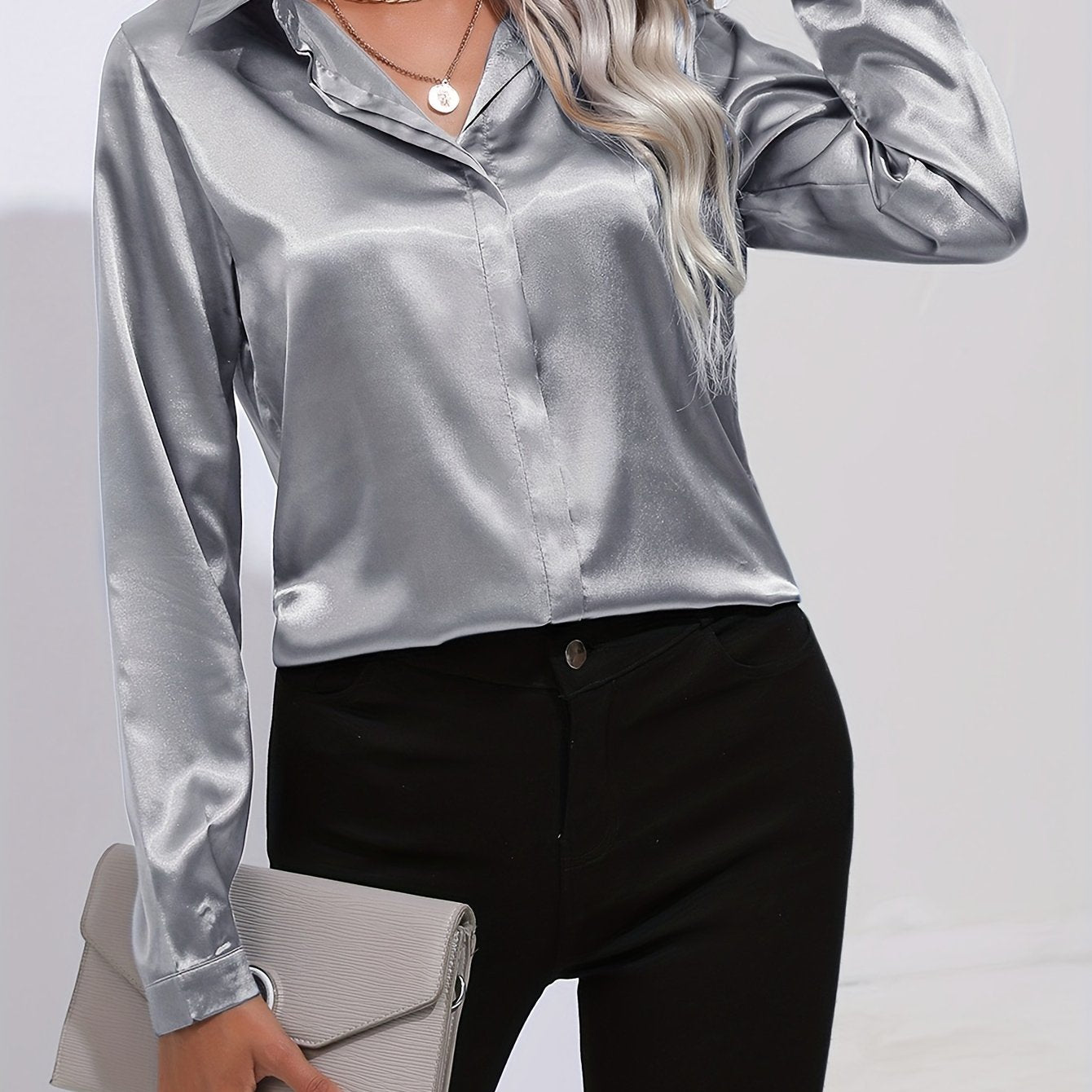 Solid Color Button Up Shirt, Elegant Long Sleeve Collared Blouse For Spring & Fall, Women's Clothing