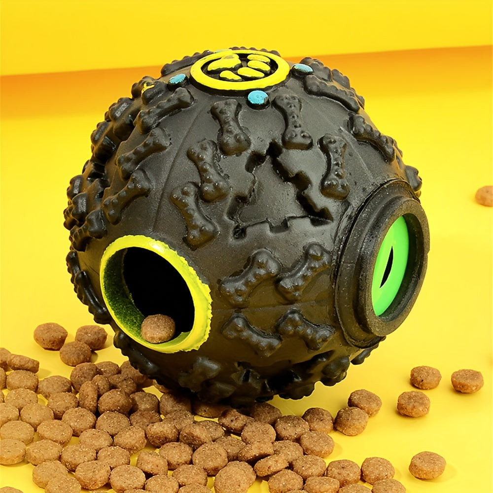 Interactive Dog Chew Toy Ball with Treat Dispenser - Durable Food-Dispensing Squeaky Toy for Teething Puppies & Dental Health, All Breeds, Black with Green & Yellow Patterns, Plastic Material
