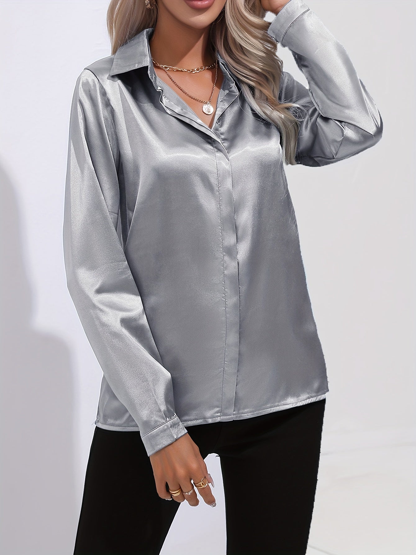 Solid Color Button Up Shirt, Elegant Long Sleeve Collared Blouse For Spring & Fall, Women's Clothing