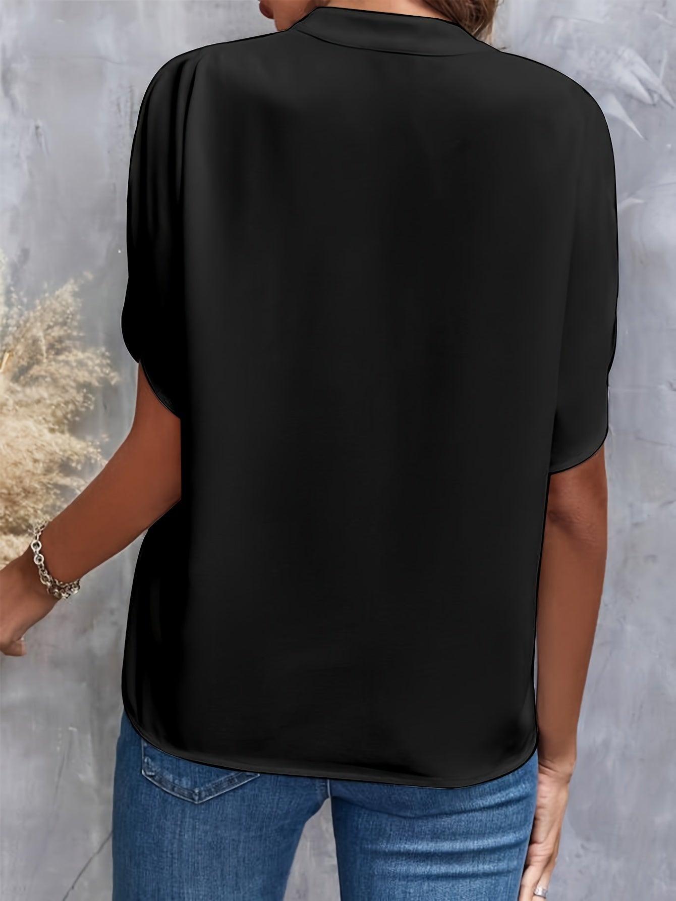 Solid Color Notch Neck Blouse, Casual Short Split Sleeve Blouse For Spring & Summer, Women's Clothing