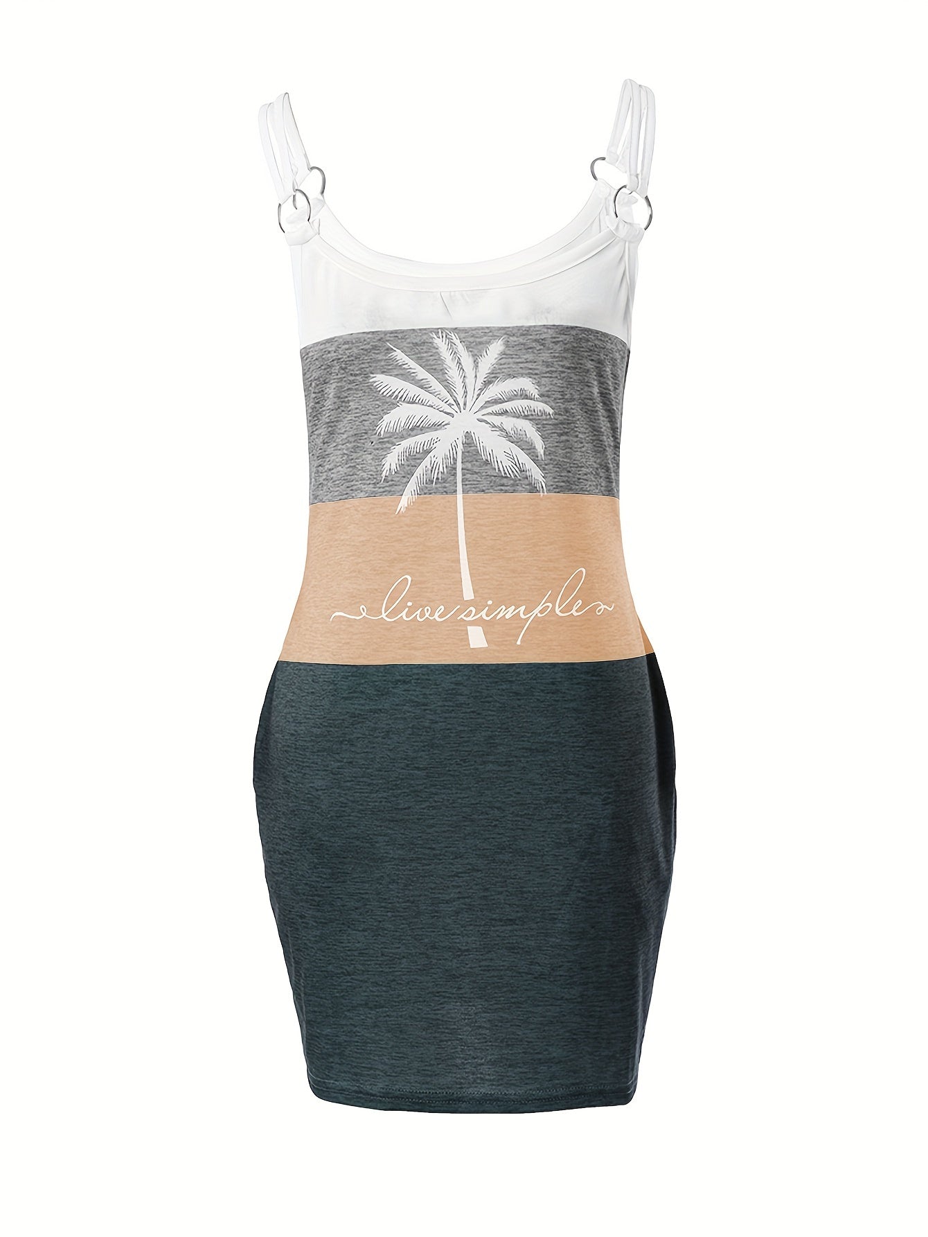Vibrant Color Block Coconut Tree Print Cami Dress - Women's Casual Spaghetti Strap Dresses for Summer - Relaxed Fit, V-Neck, Short Sleeve, Above Knee Length, Easy Wear