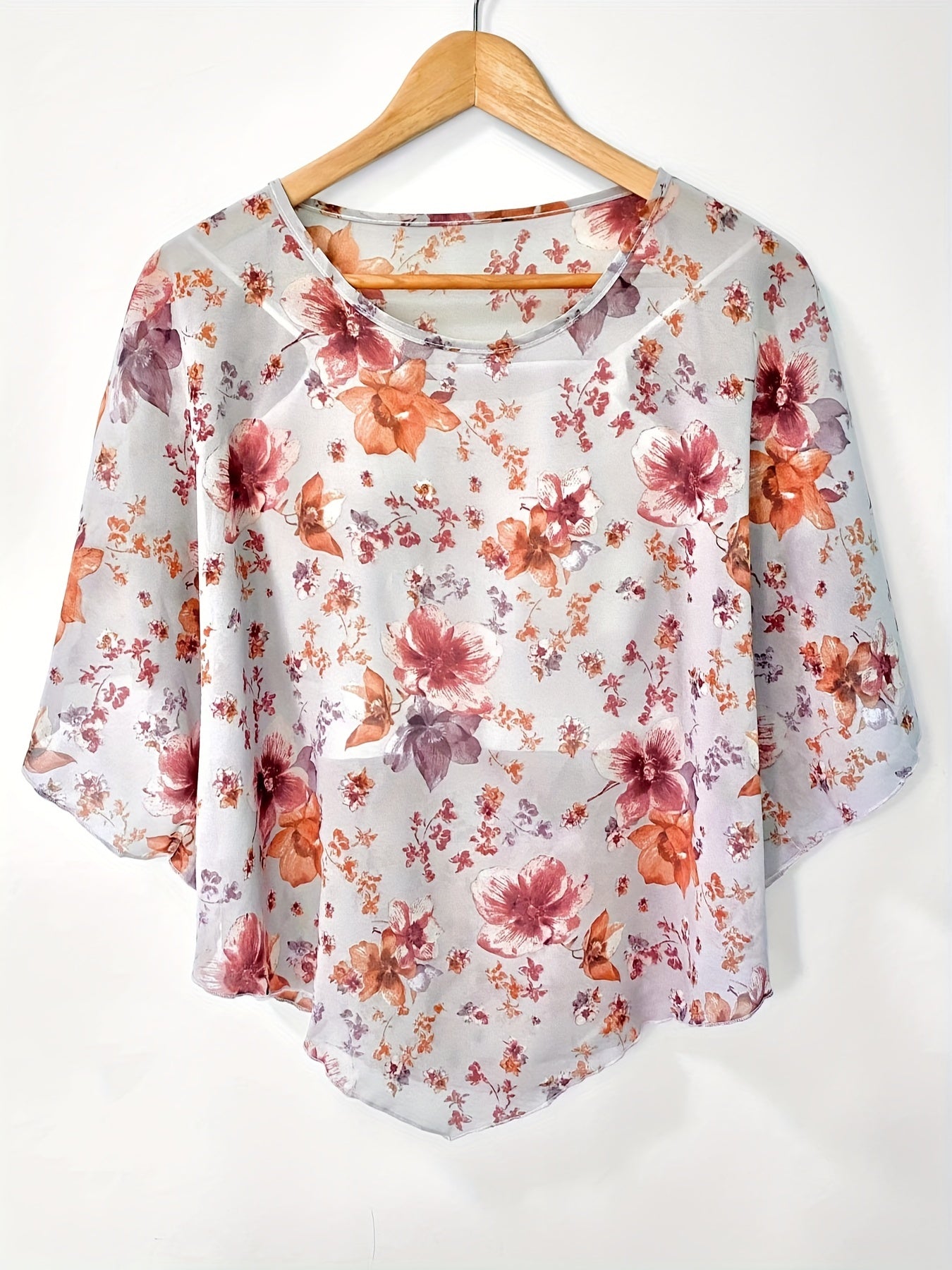 Floral Print Semi-sheer Blouse, Elegant Batwing Sleeve Irregular Hem Top For Spring & Summer, Women's Clothing