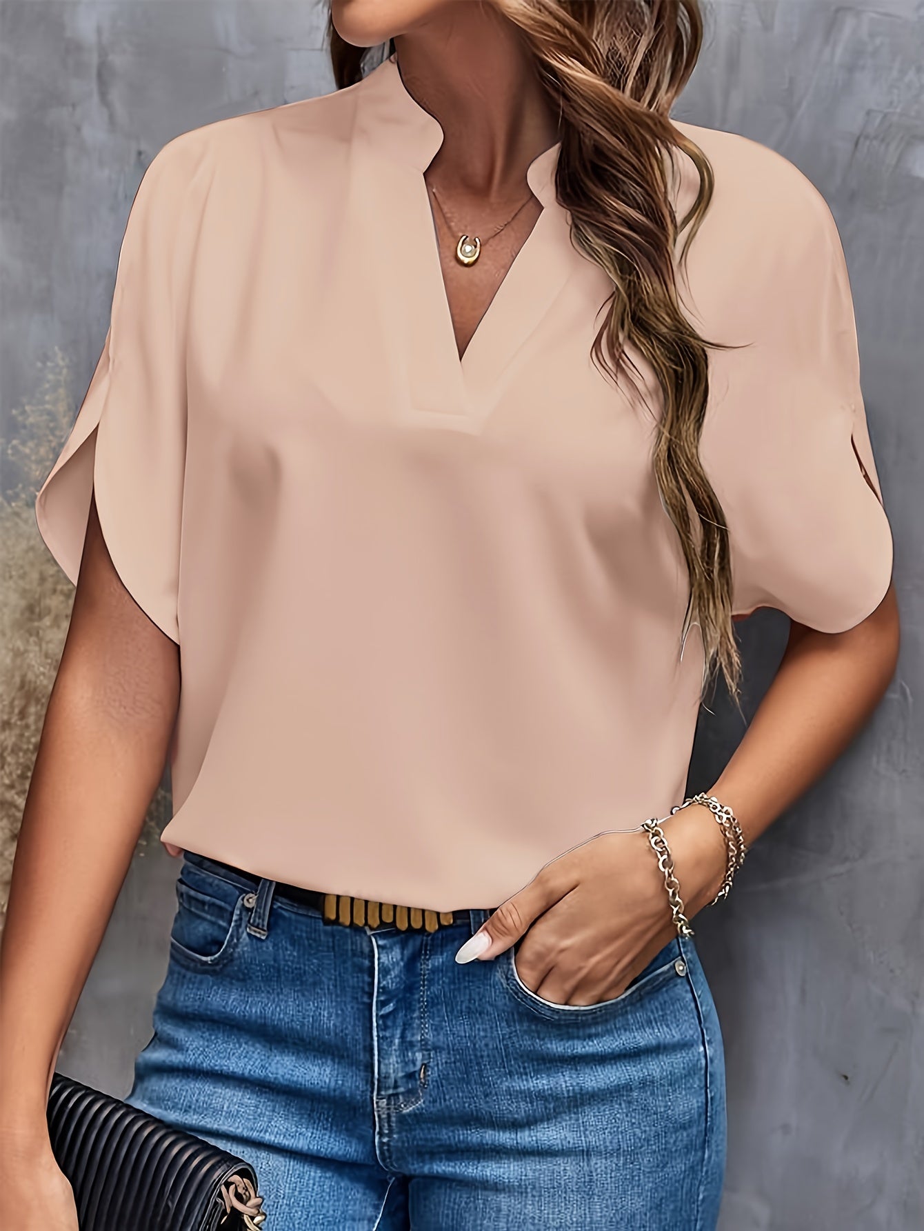 Solid Color Notch Neck Blouse, Casual Short Split Sleeve Blouse For Spring & Summer, Women's Clothing