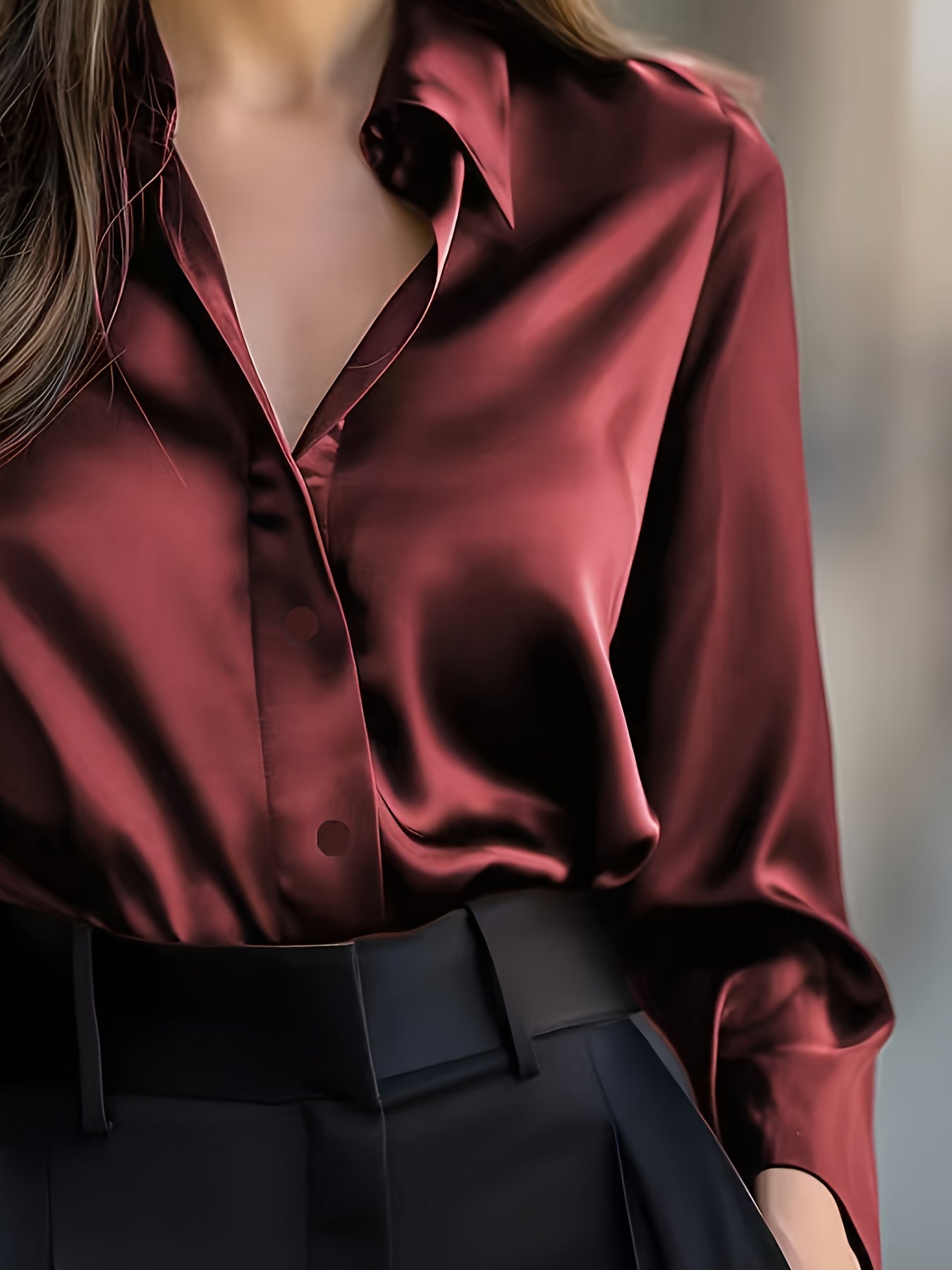 Elegant Black Satin Long Sleeve Blouse for Women - Smooth Polyester Fabric, Button-Up Collar Shirt, Machine Washable, Perfect for Casual or Professional Wear