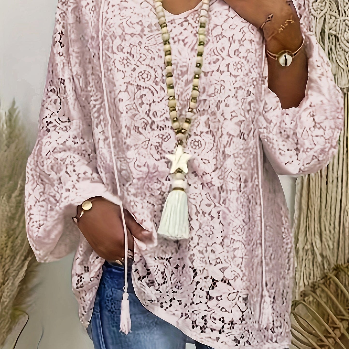 Plus Size Boho Blouse, Women's Plus Solid Lace Lantern Sleeve Tassel Trim V Neck Tunic Shirt Top