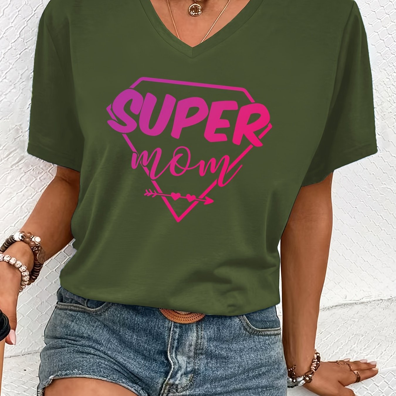 Super Mom Print Casual T-Shirt, V Neck Short Sleeves Versatile Top, Mother's Day Women's Comfy Tee