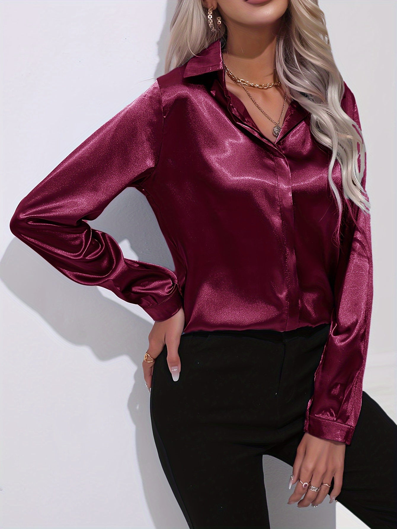 Solid Color Button Up Shirt, Elegant Long Sleeve Collared Blouse For Spring & Fall, Women's Clothing