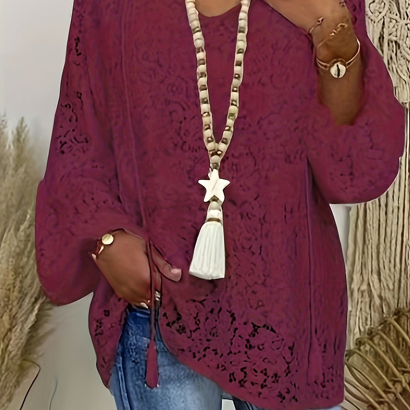 Plus Size Boho Blouse, Women's Plus Solid Lace Lantern Sleeve Tassel Trim V Neck Tunic Shirt Top