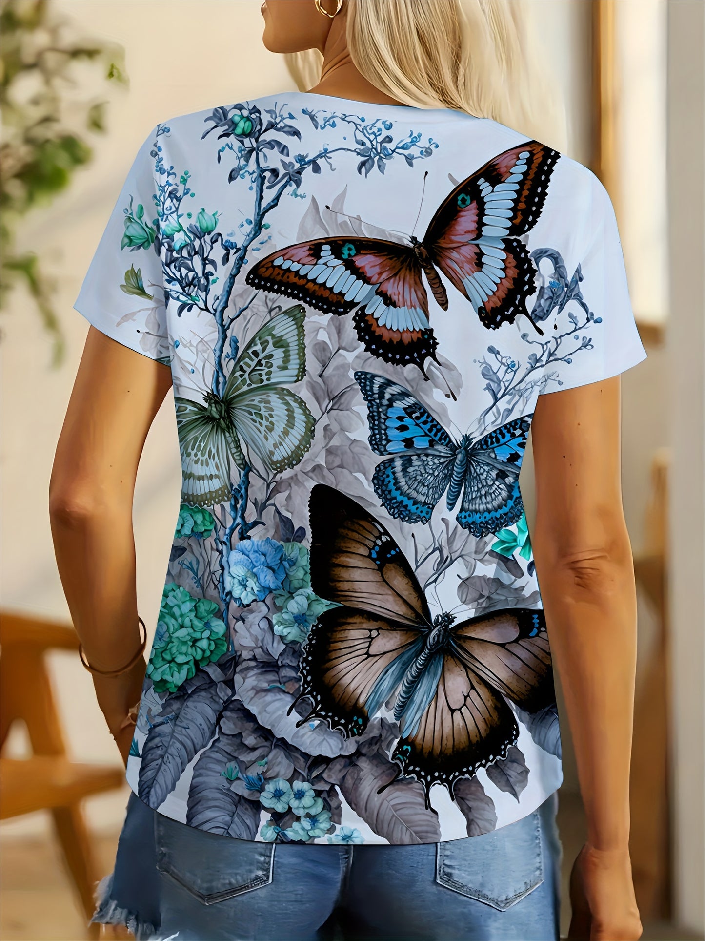 Women's Casual Butterfly Print T-shirt, 3D Printed Short Sleeve Top, Fashionable Crew Neck Tee for Daily Wear