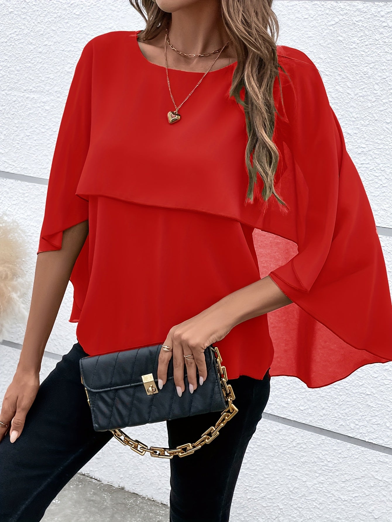 Solid Layered Cloak Sleeve Blouse, Versatile Crew Neck Blouse For Spring & Fall, Women's Clothing
