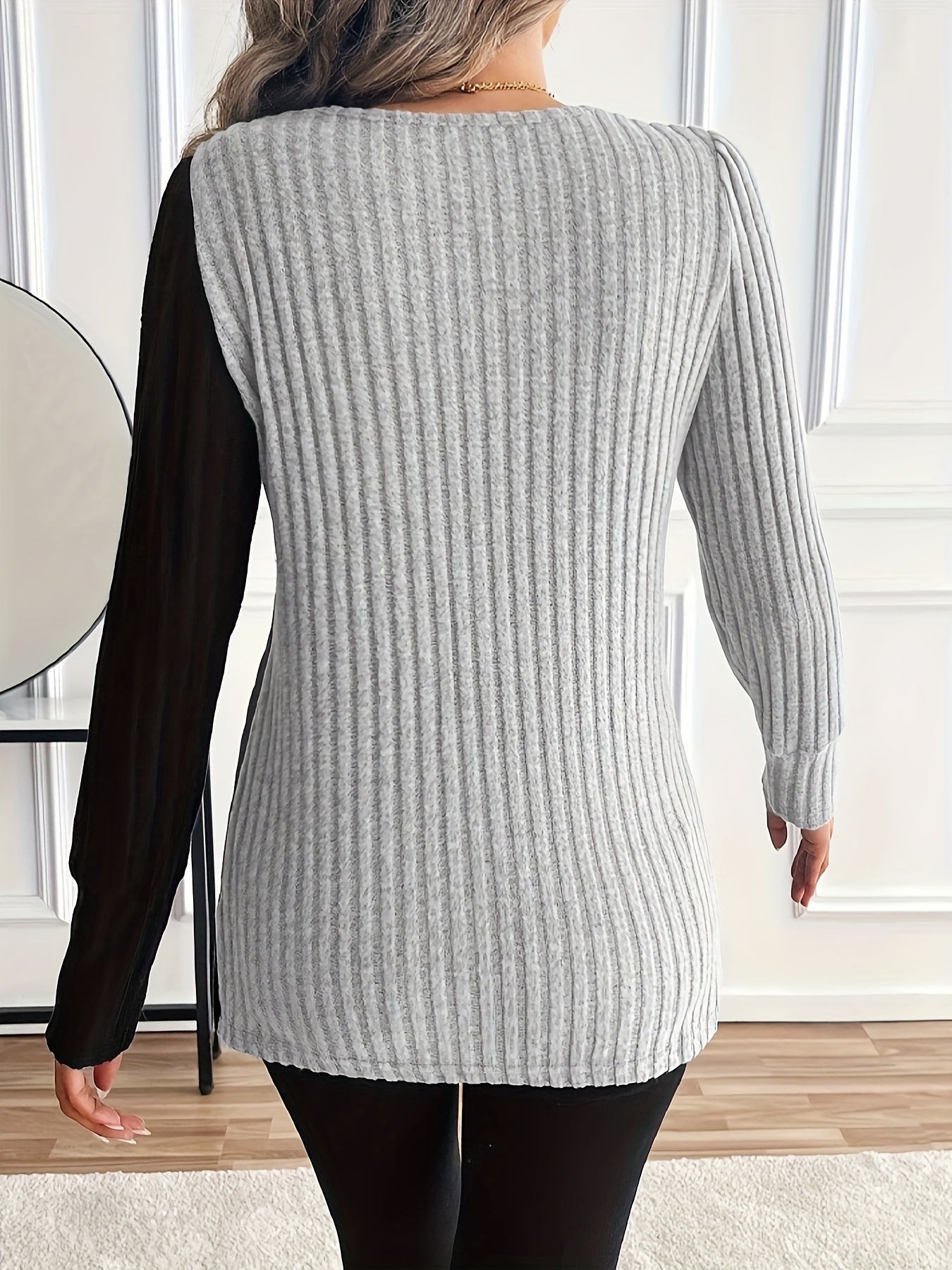 Women'S Casual Square Neck Long Sleeve Top, Asymmetrical Solid Color Knit Polyester Blouse with Spandex, Fashionable Spring/Fall Outerwear, 230gsm Fabric Weight