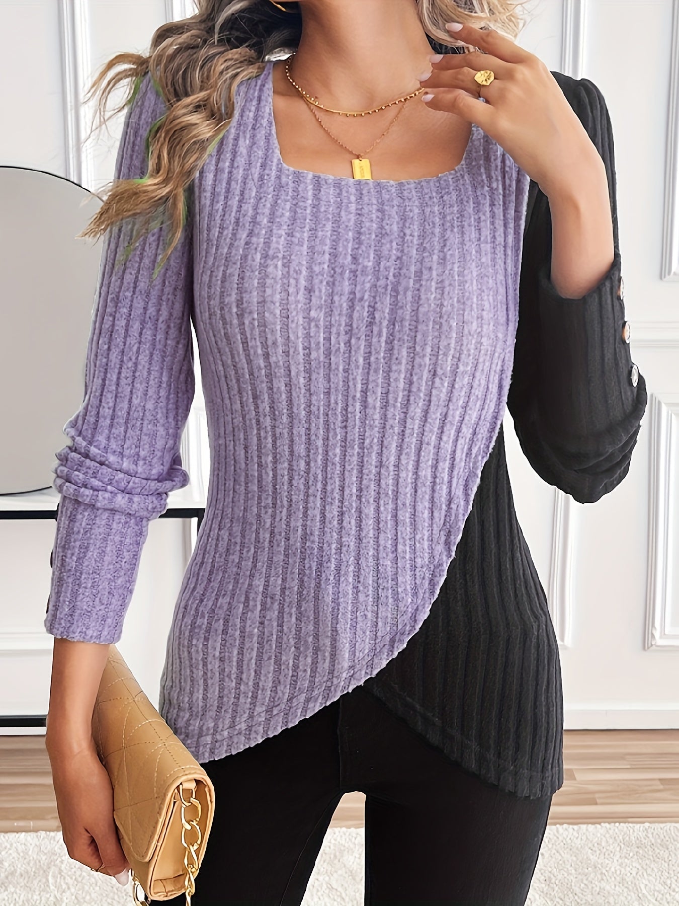 Women'S Casual Square Neck Long Sleeve Top, Asymmetrical Solid Color Knit Polyester Blouse with Spandex, Fashionable Spring/Fall Outerwear, 230gsm Fabric Weight