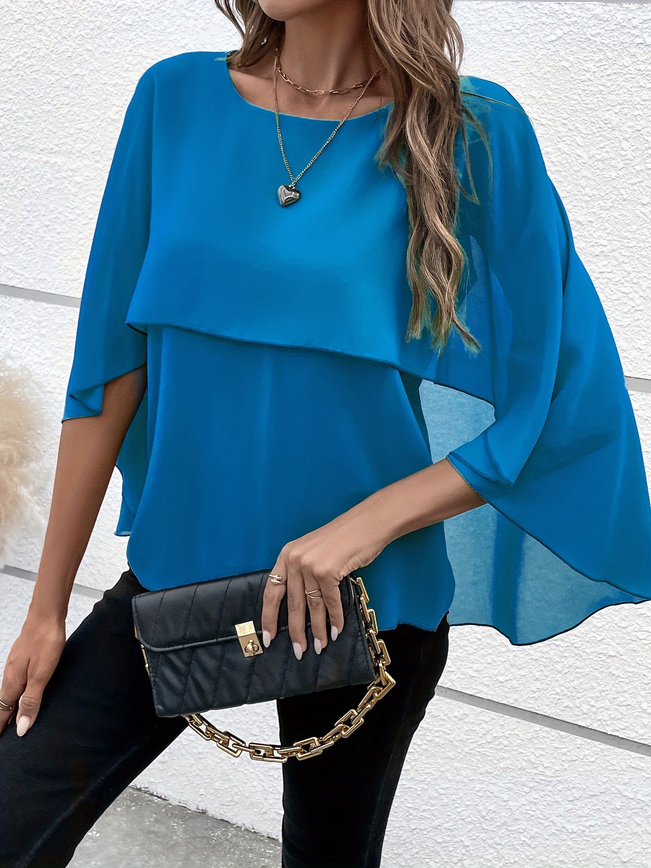 Solid Layered Cloak Sleeve Blouse, Versatile Crew Neck Blouse For Spring & Fall, Women's Clothing