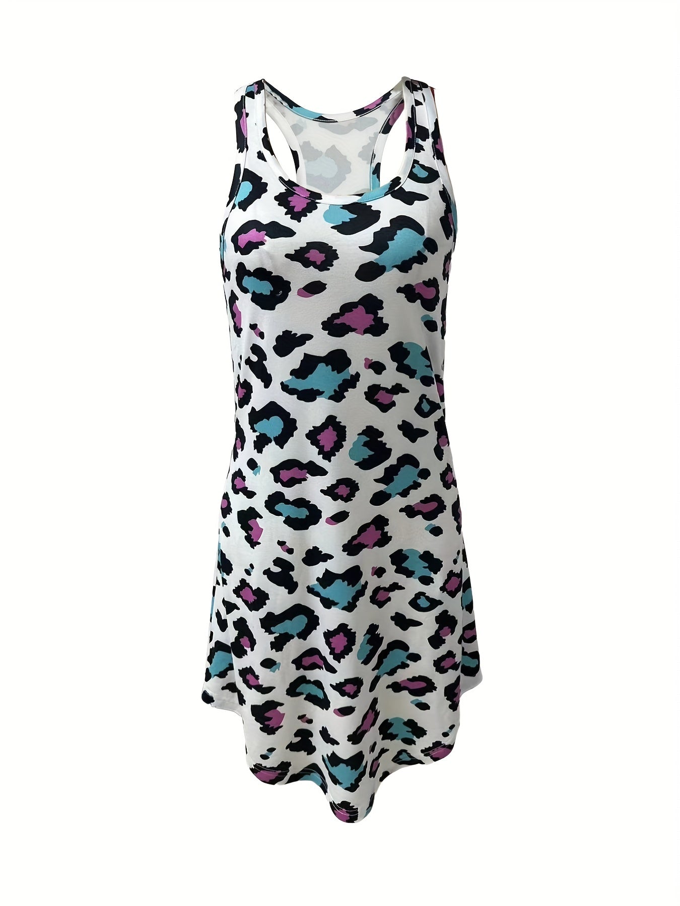 Colorblock Leopard Lounge Dresses, Comfy Crew Neck Tank Home Dress, Women's Loungewear & Dresses