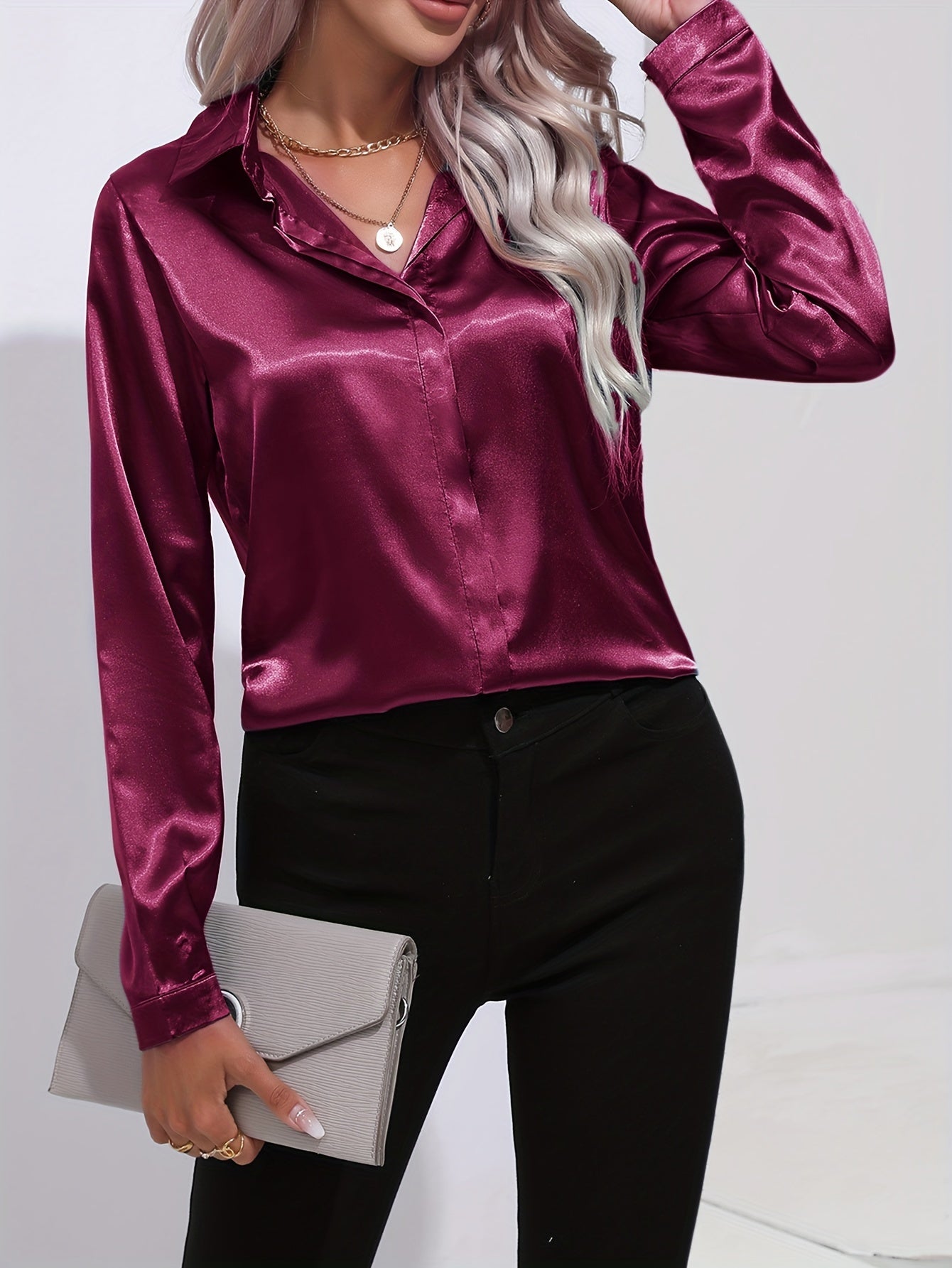 Solid Color Button Up Shirt, Elegant Long Sleeve Collared Blouse For Spring & Fall, Women's Clothing