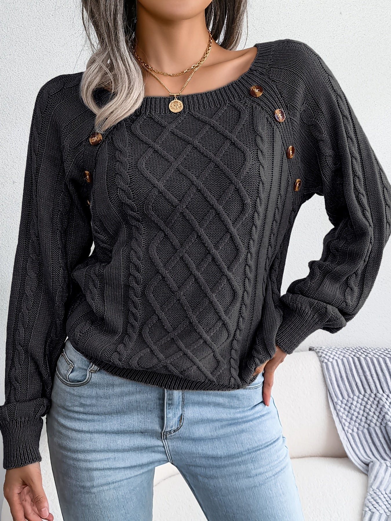 Women's Casual Square Neck Sweater - Smooth Acrylic Knit Fabric, Medium Stretch, Regular Length | Hand Wash or Professional Dry Clean | Button Detail