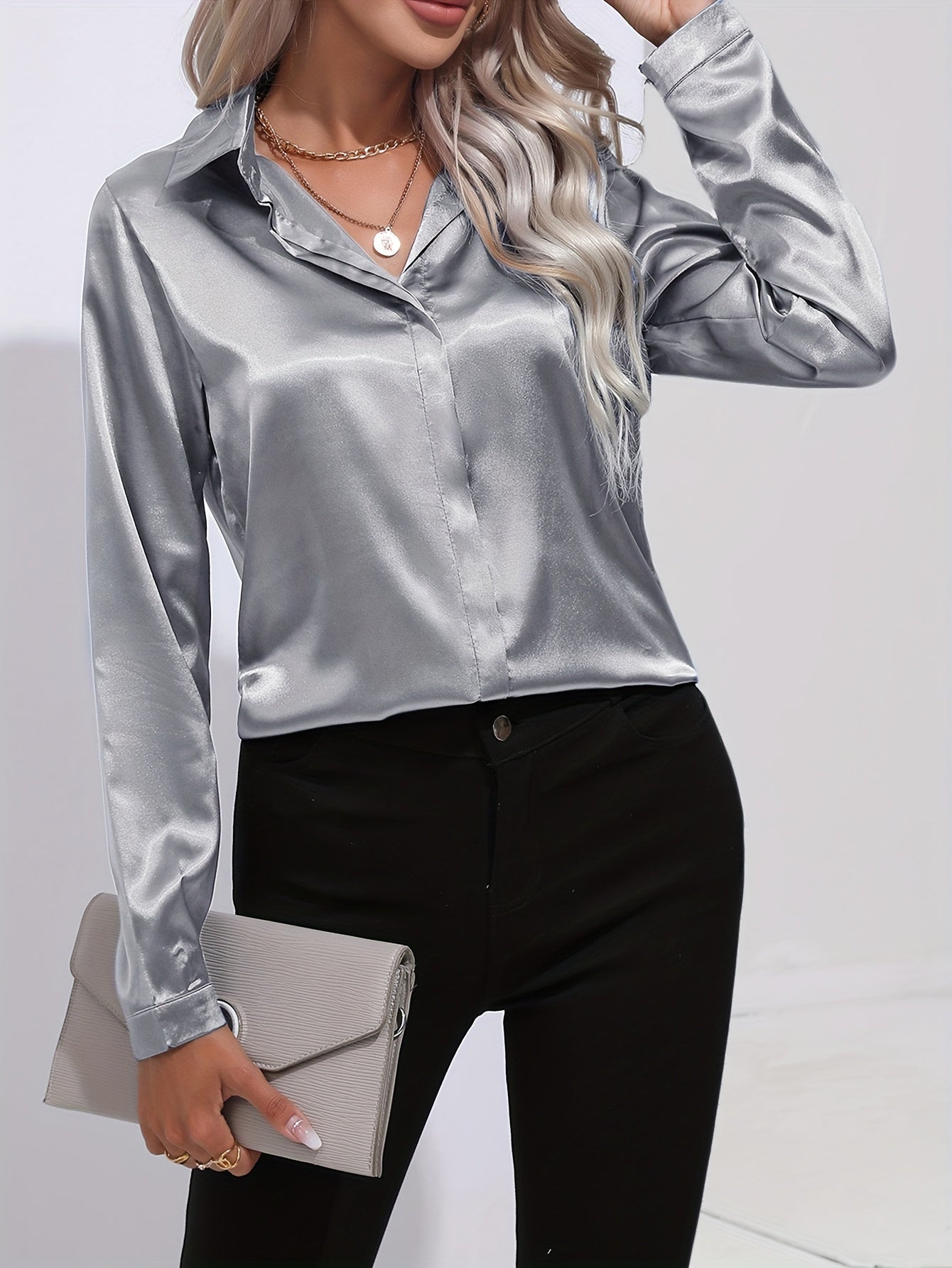 Solid Color Button Up Shirt, Elegant Long Sleeve Collared Blouse For Spring & Fall, Women's Clothing