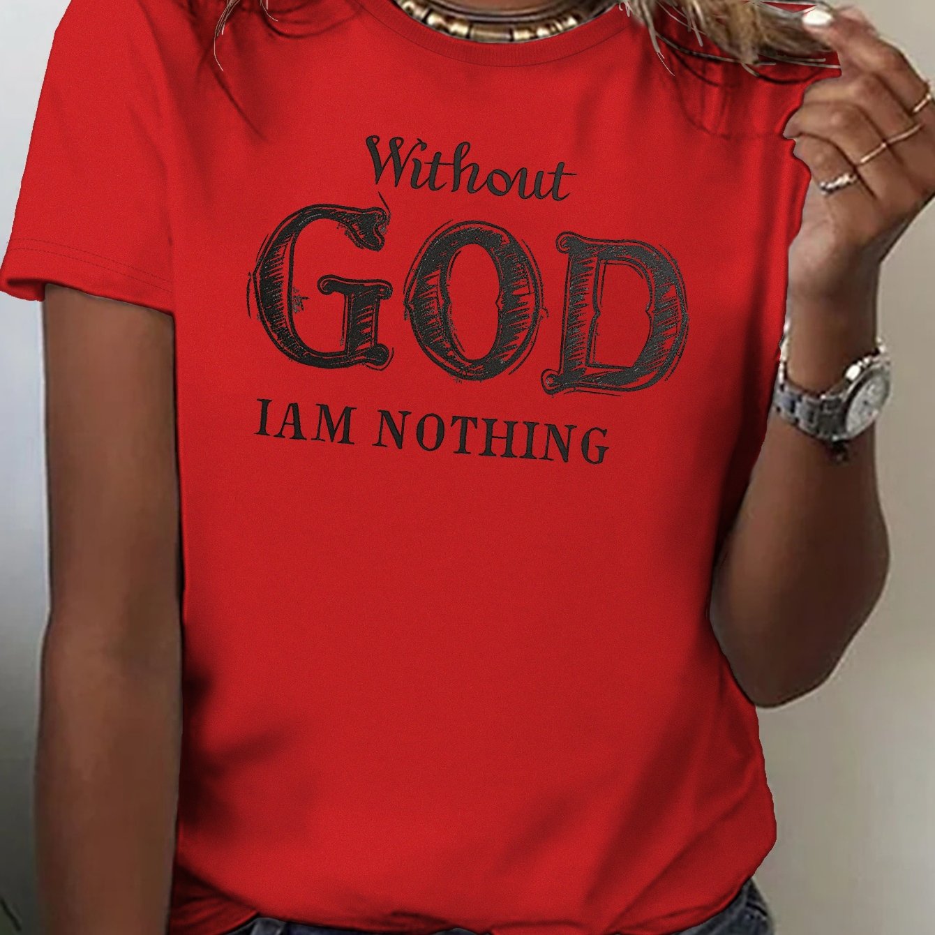 Chic Typographic Womens Tee - Comfy Cotton Crew Neck, Versatile Casual Spring & Summer Top