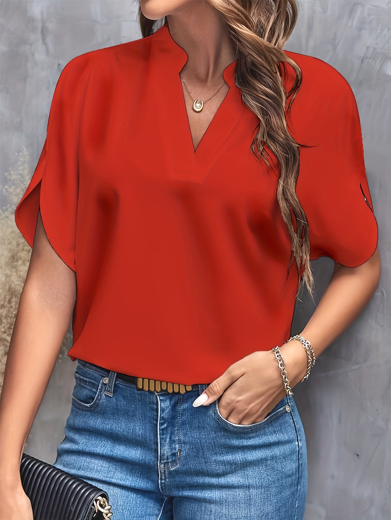 Solid Color Notch Neck Blouse, Casual Short Split Sleeve Blouse For Spring & Summer, Women's Clothing