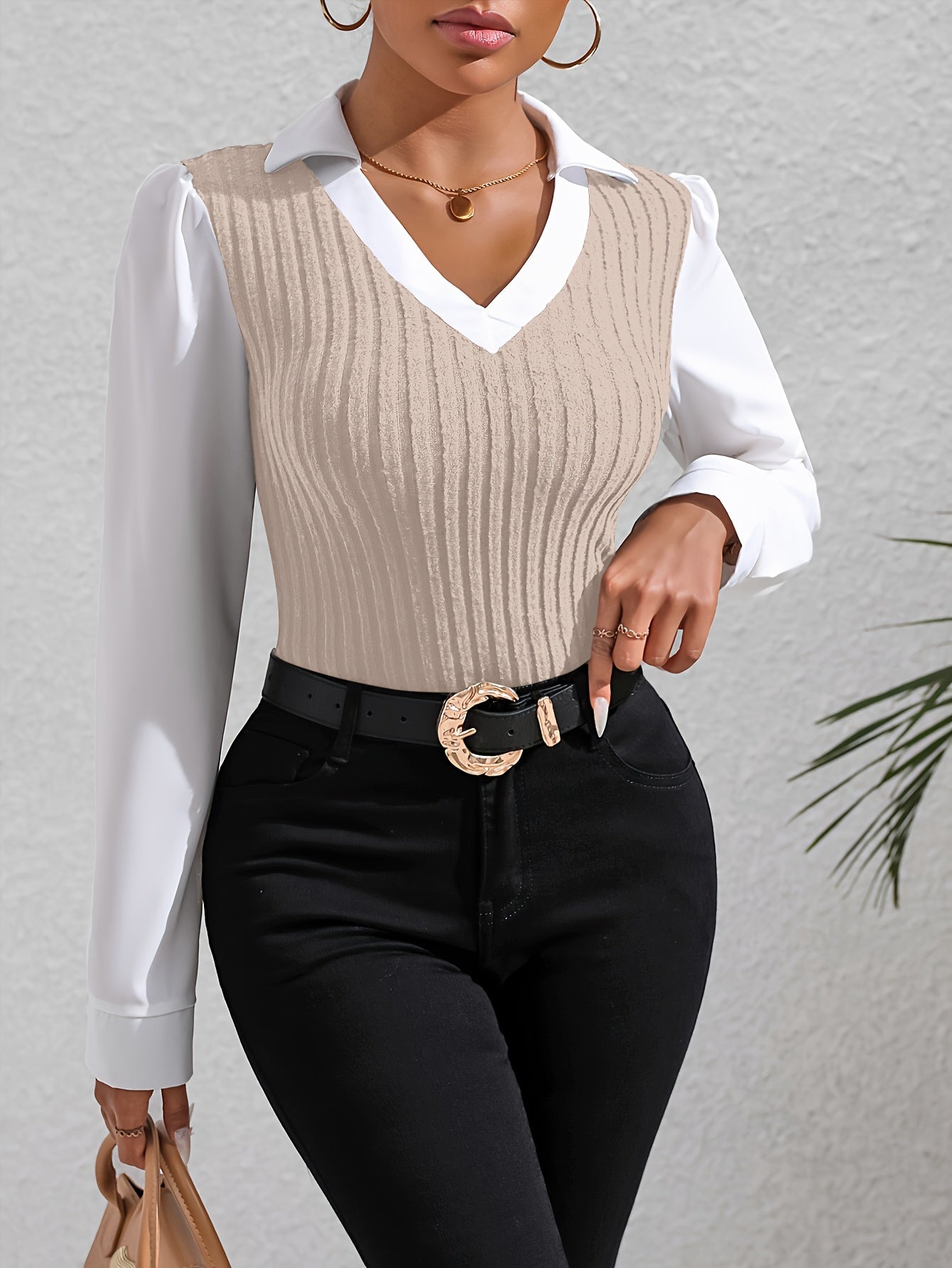Color Block Faux Twinset Lapel Blouse, Casual Long Sleeve Blouse For Spring & Fall, Women's Clothing