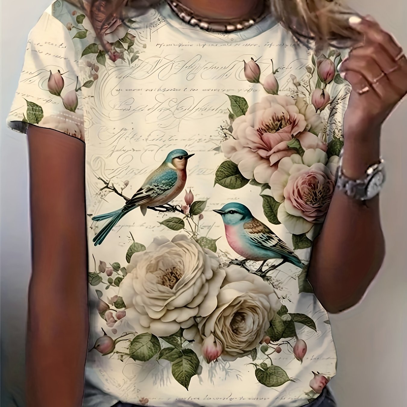 Vintage Floral Print T-Shirt - Soft Stretch Crew Neck Short Sleeve Tee