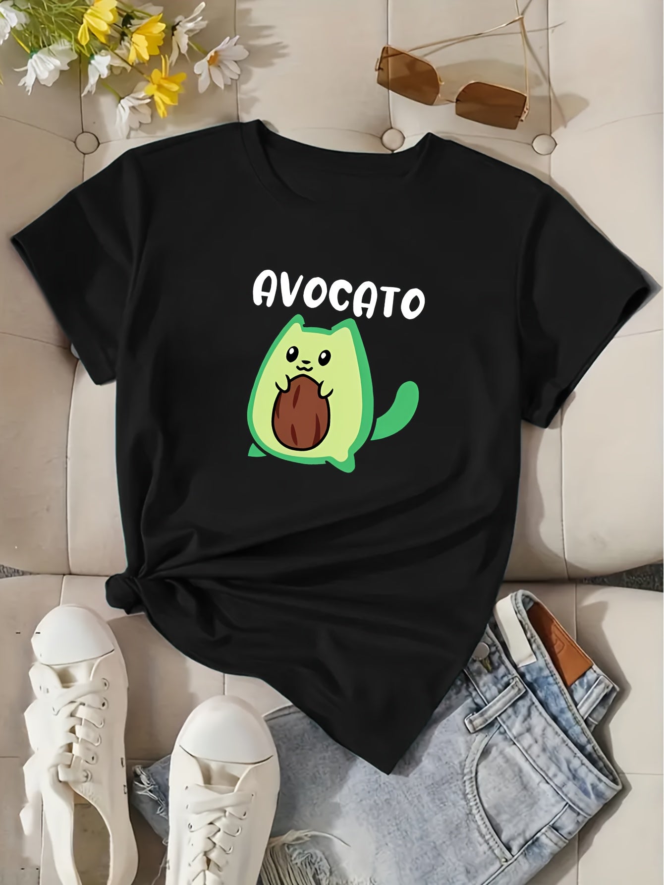 Avocado Cartoon Graphic Sports Tee, Casual Crew Neck Workout Fitness Short Sleeves Tops, Women's Activewear