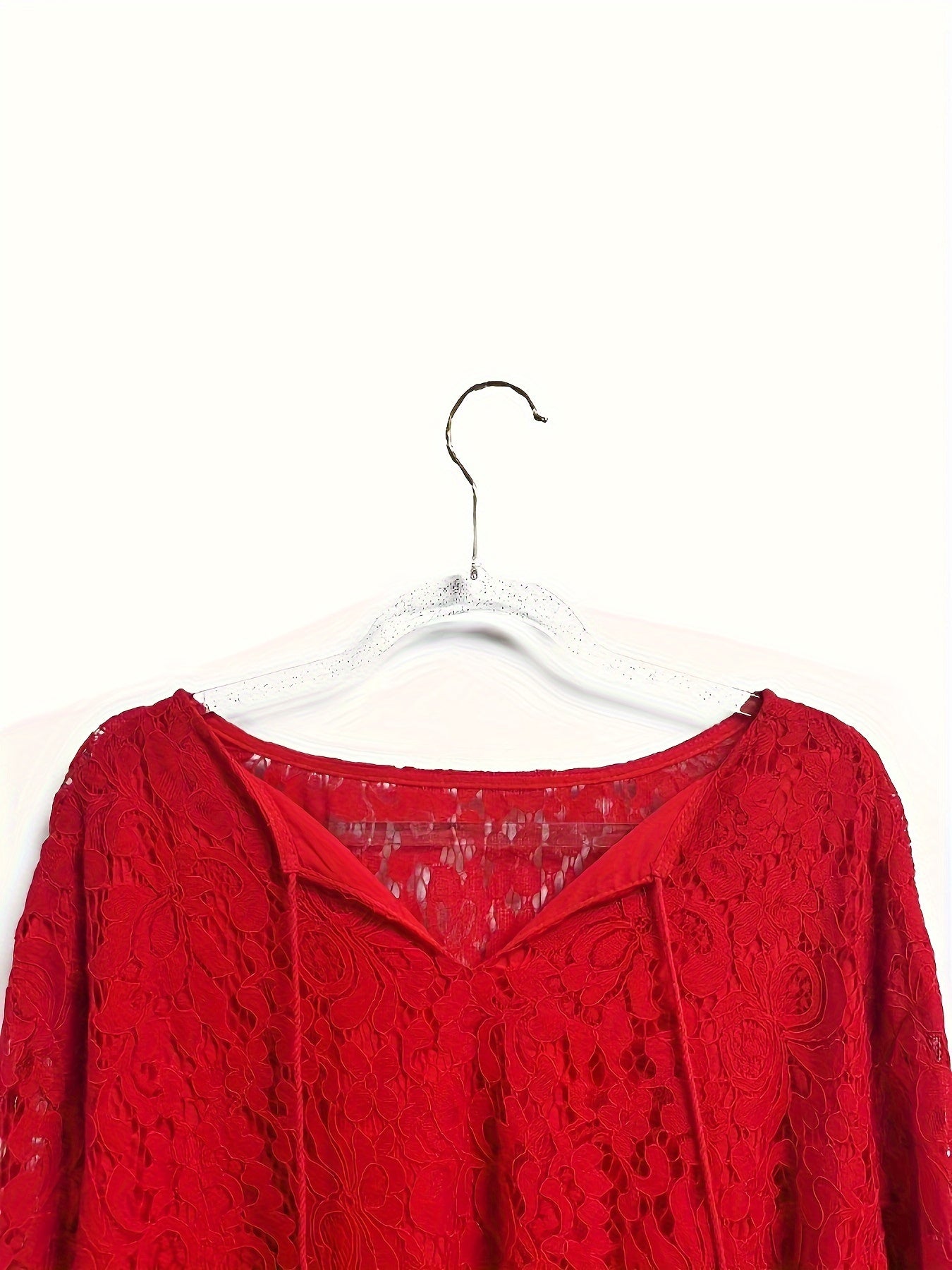 Plus Size Boho Blouse, Women's Plus Solid Lace Lantern Sleeve Tassel Trim V Neck Tunic Shirt Top