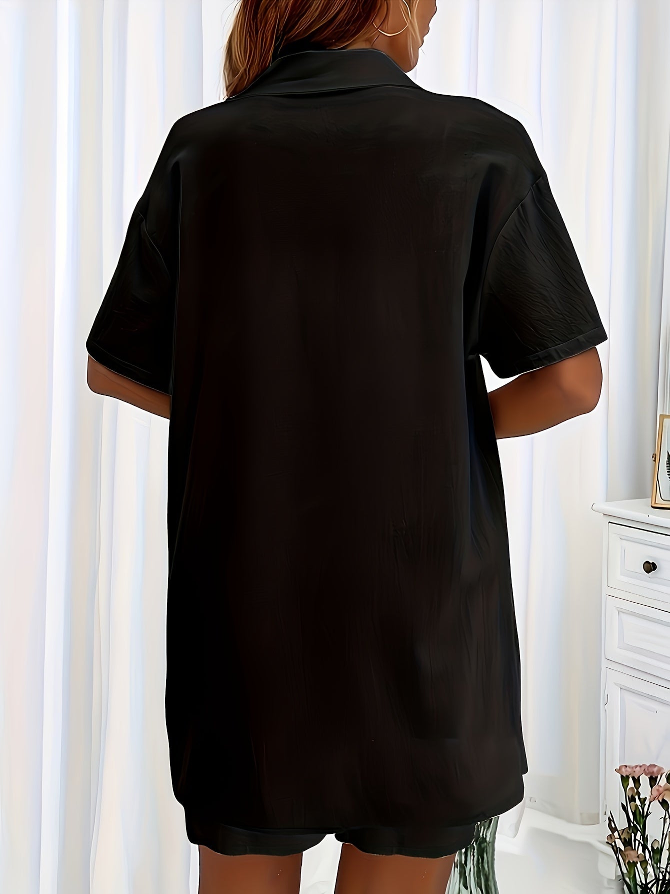 Casual Matching Two-piece Set, Short Sleeve Blouse & Drawstring Shorts Outfits, Women's Clothing