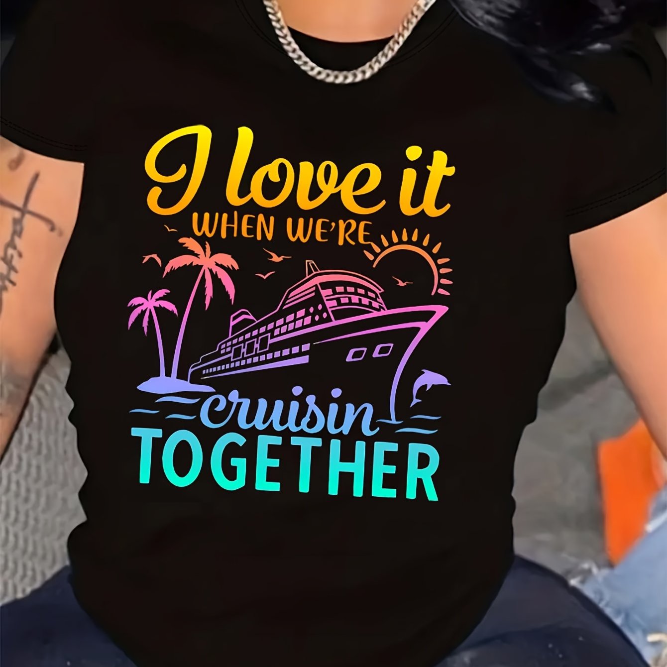 Tropical Escape Womens Tee - Breezy Cotton, Vivid Cruise Ship & Palm Imagery, Versatile for Spring/Summer