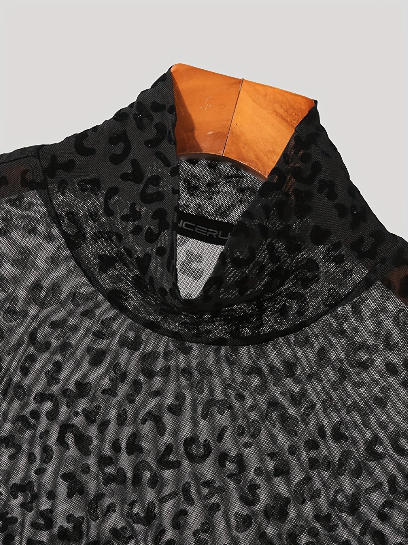 Mens O-neck Mesh Shirt Leopard Pattern See Through Blouse Party Sexy Shirt Pullover