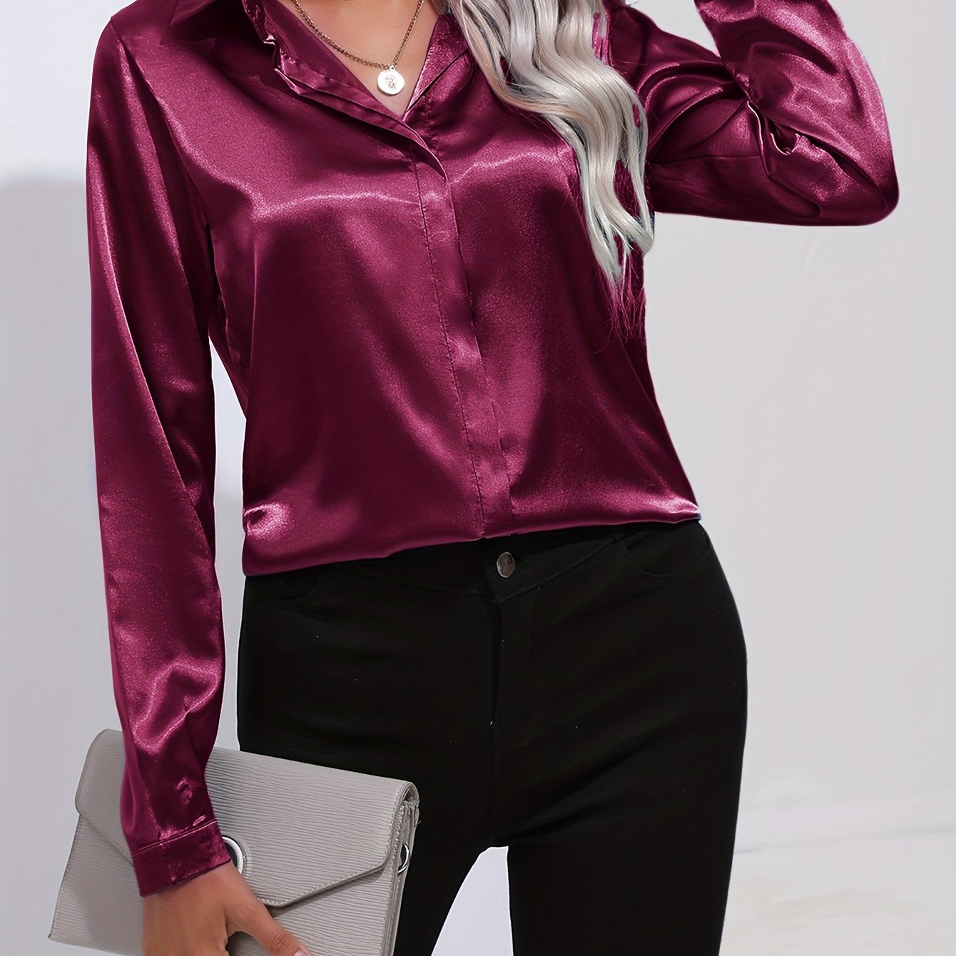 Solid Color Button Up Shirt, Elegant Long Sleeve Collared Blouse For Spring & Fall, Women's Clothing