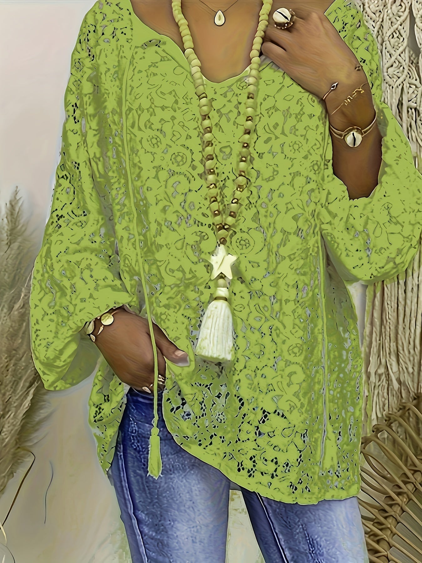 Plus Size Boho Blouse, Women's Plus Solid Lace Lantern Sleeve Tassel Trim V Neck Tunic Shirt Top