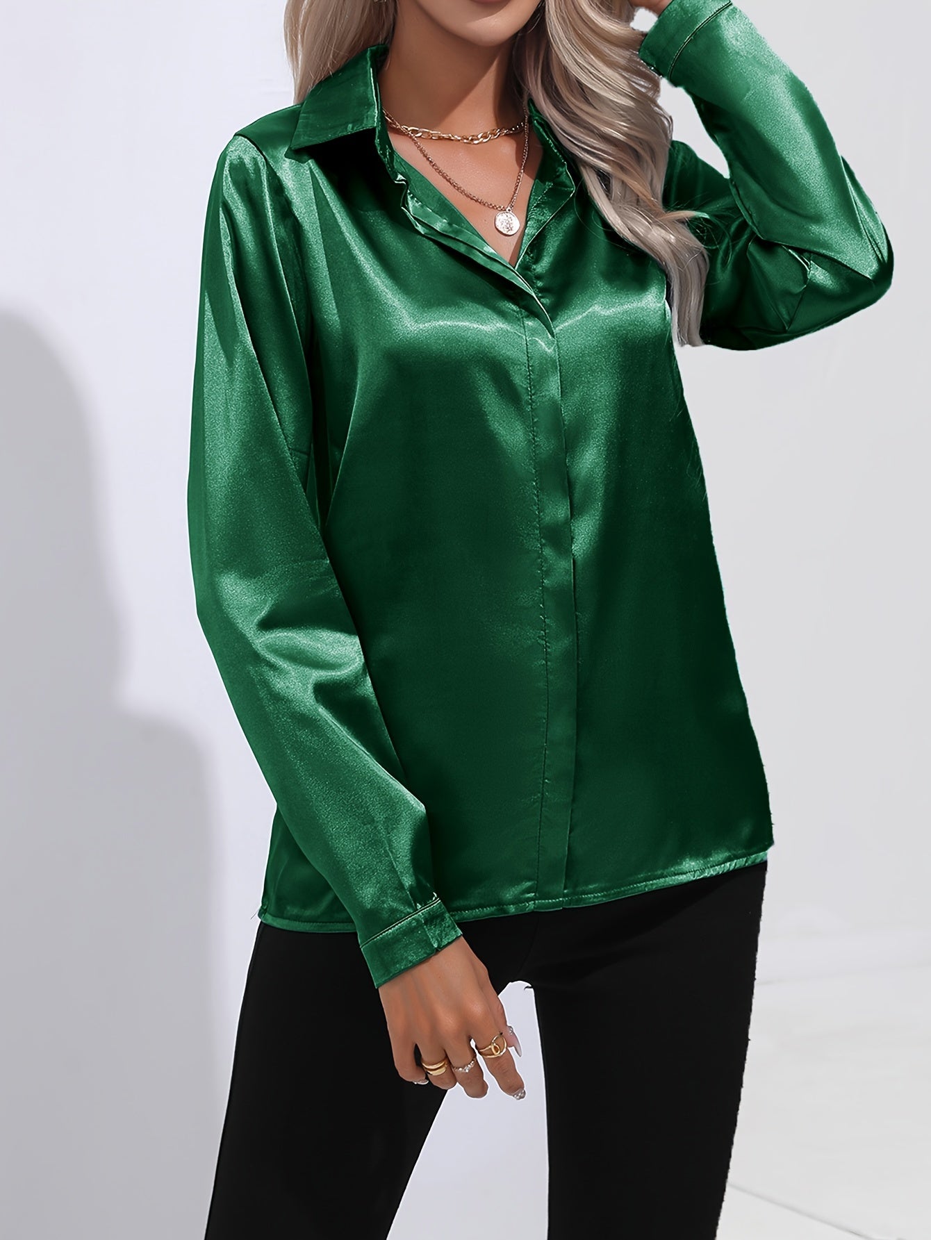 Solid Color Button Up Shirt, Elegant Long Sleeve Collared Blouse For Spring & Fall, Women's Clothing