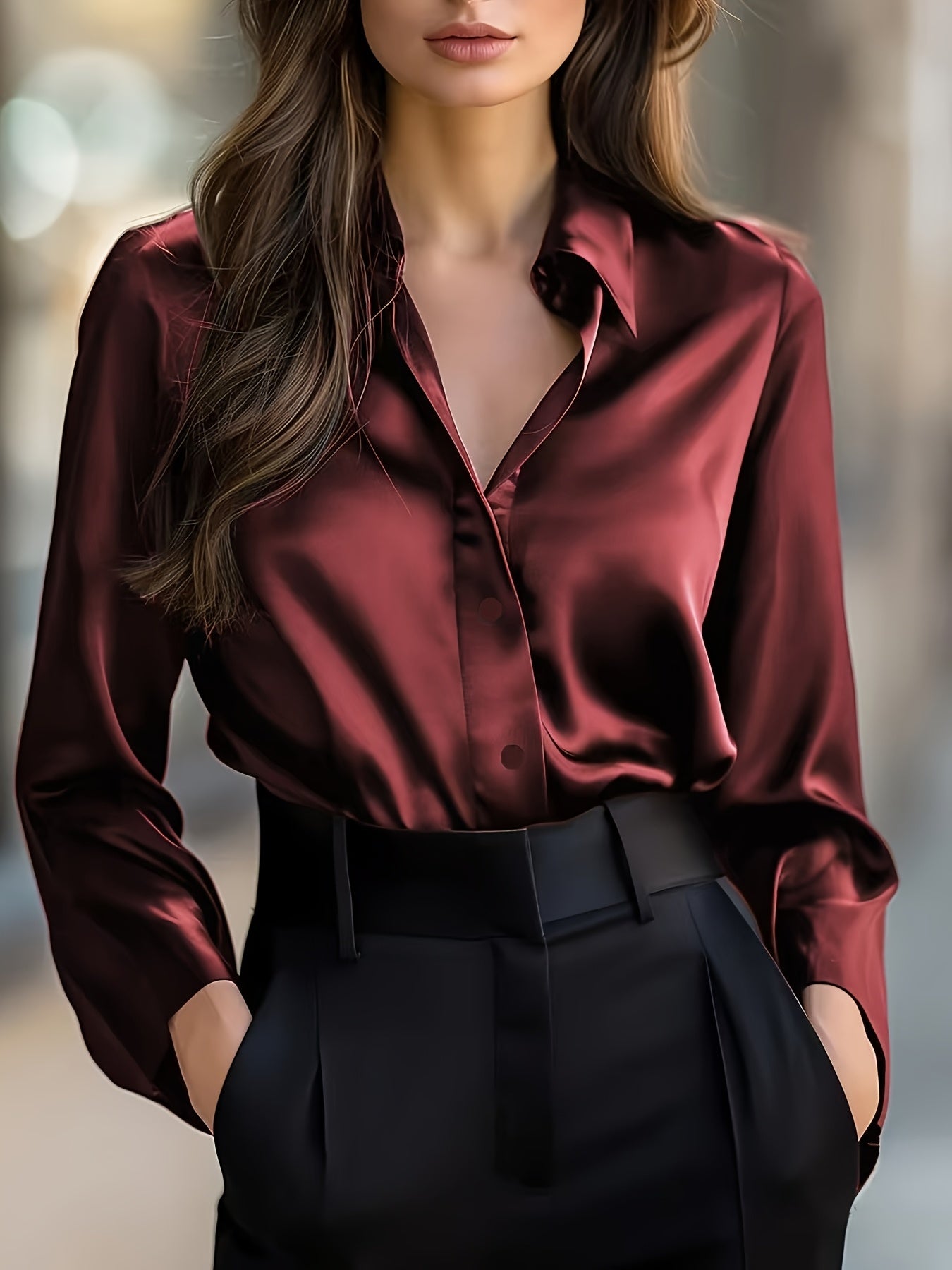 Elegant Black Satin Long Sleeve Blouse for Women - Smooth Polyester Fabric, Button-Up Collar Shirt, Machine Washable, Perfect for Casual or Professional Wear