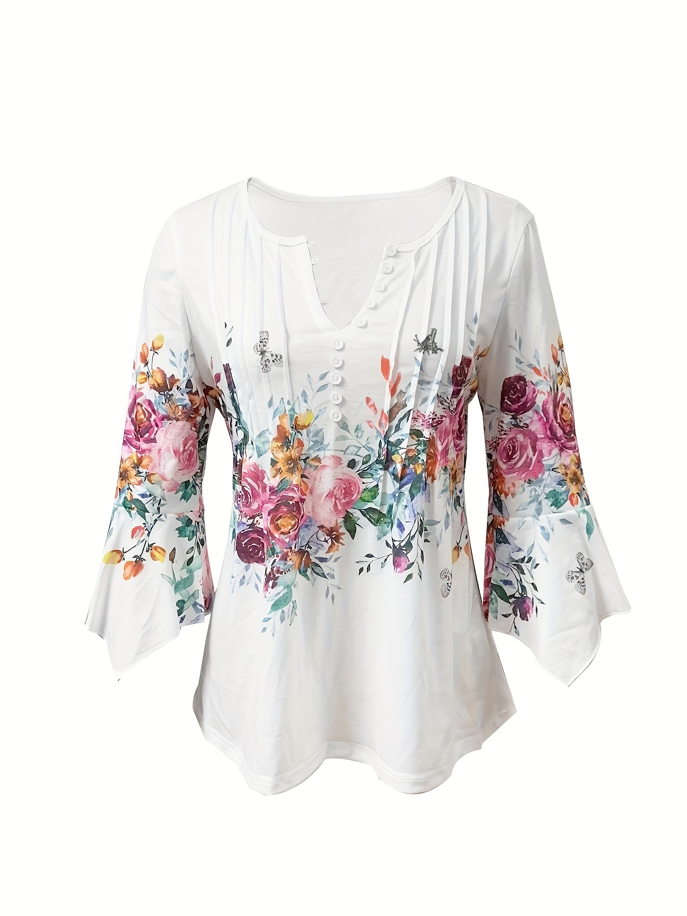Floral Print Notched Neck Blouse, Casual Button Front Blouse For Spring & Summer, Women's Clothing