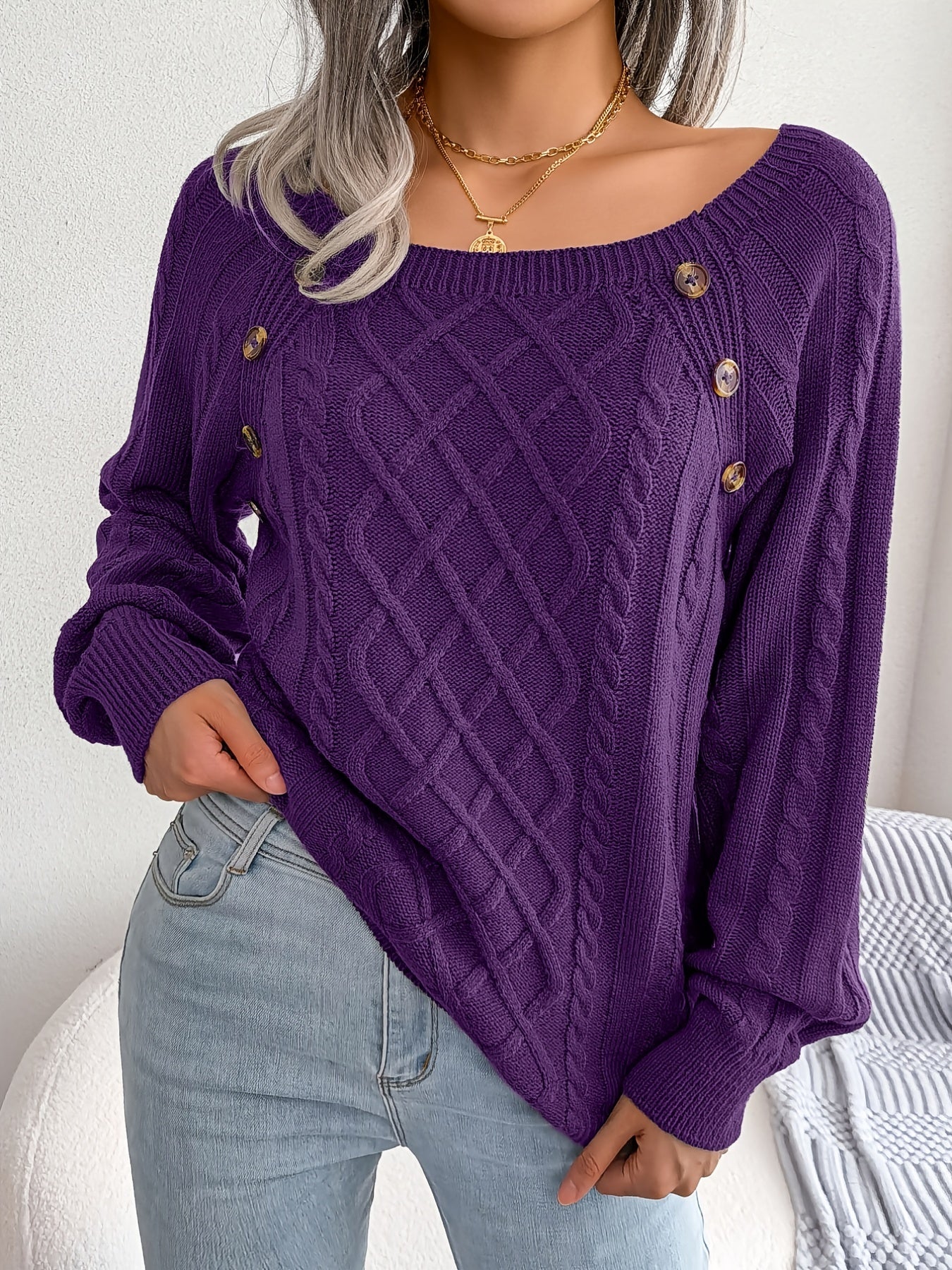 Women's Casual Square Neck Sweater - Smooth Acrylic Knit Fabric, Medium Stretch, Regular Length | Hand Wash or Professional Dry Clean | Button Detail