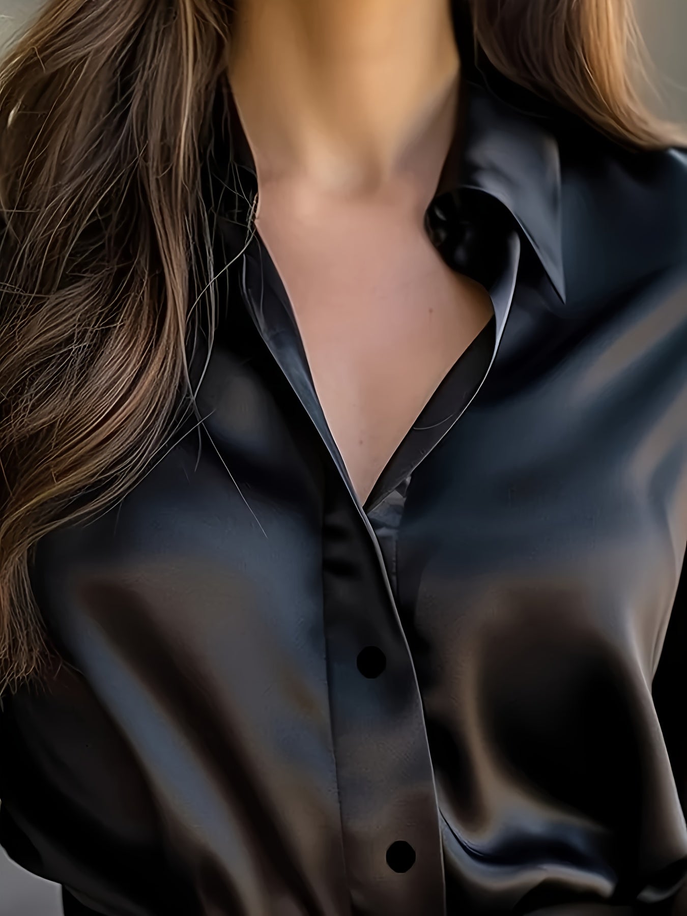 Elegant Black Satin Long Sleeve Blouse for Women - Smooth Polyester Fabric, Button-Up Collar Shirt, Machine Washable, Perfect for Casual or Professional Wear