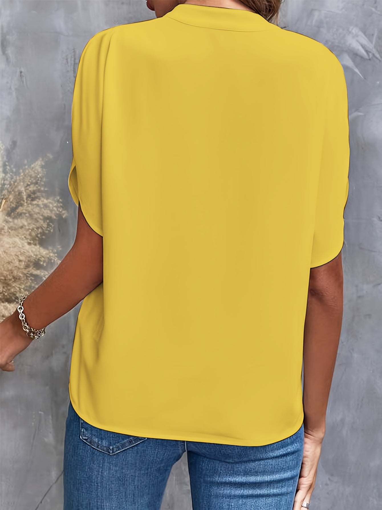 Solid Color Notch Neck Blouse, Casual Short Split Sleeve Blouse For Spring & Summer, Women's Clothing