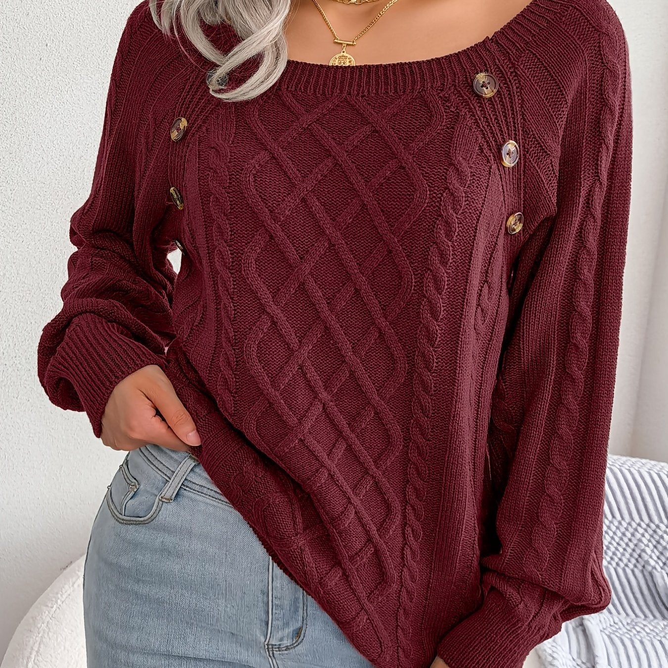 Women's Casual Square Neck Sweater - Smooth Acrylic Knit Fabric, Medium Stretch, Regular Length | Hand Wash or Professional Dry Clean | Button Detail