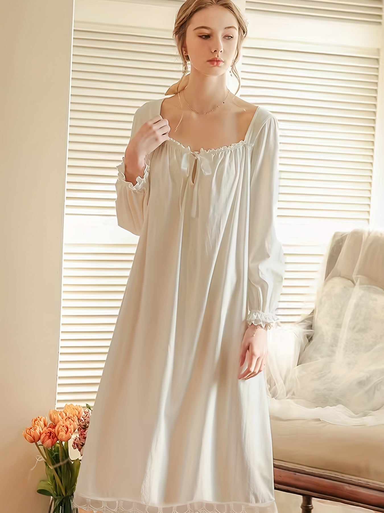 Luxurious Royal Court Style Long Sleeve Square Neck Lace Trim Lounge Dress - Soft Micro Elastic Polyester Knit Fabric, Solid Color, No Printing, Perfect for Spring, Summer, and Fall - Womens Comfortable Loungewear & Dresses f