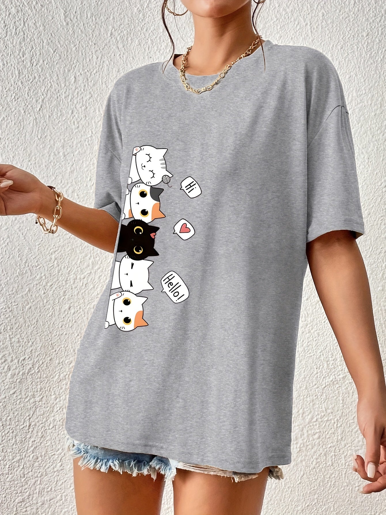 Whimsical Feline Tee - Classic Round Neck, Comfortable Short Sleeves, Versatile Sports Tee for Daily Wear or Athletic Activities - Ideal for Casual Womens Tops