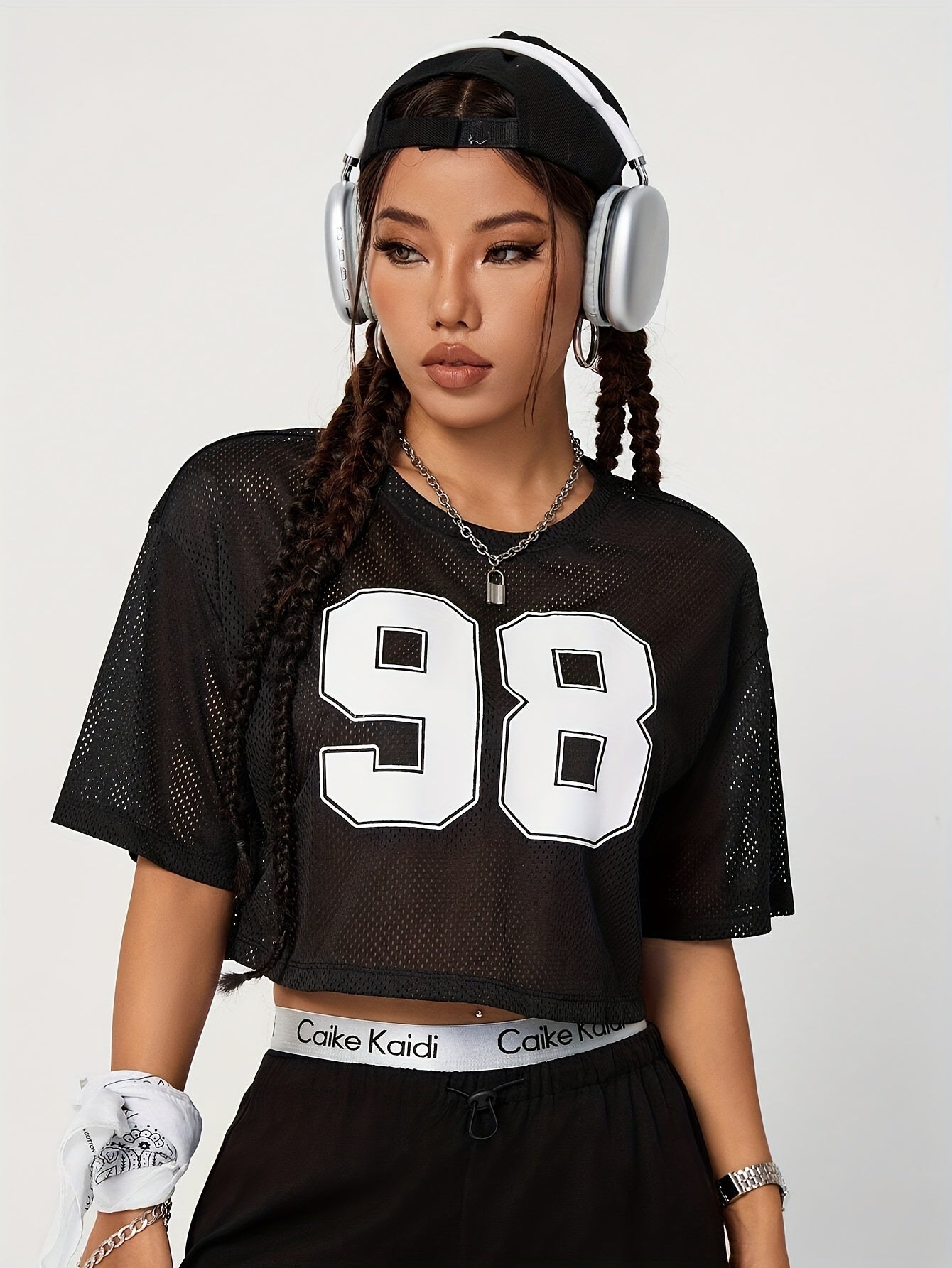 Women's Mesh Sports T-Shirt With Number 98 Print, Spring/Summer, Loose Crop Top, Y2K Vintage American Style, Casual Short Sleeve Tee